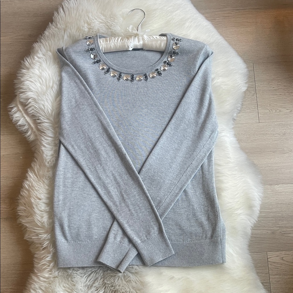Ann Taylor Light Gray Embellished Crewneck Sweater